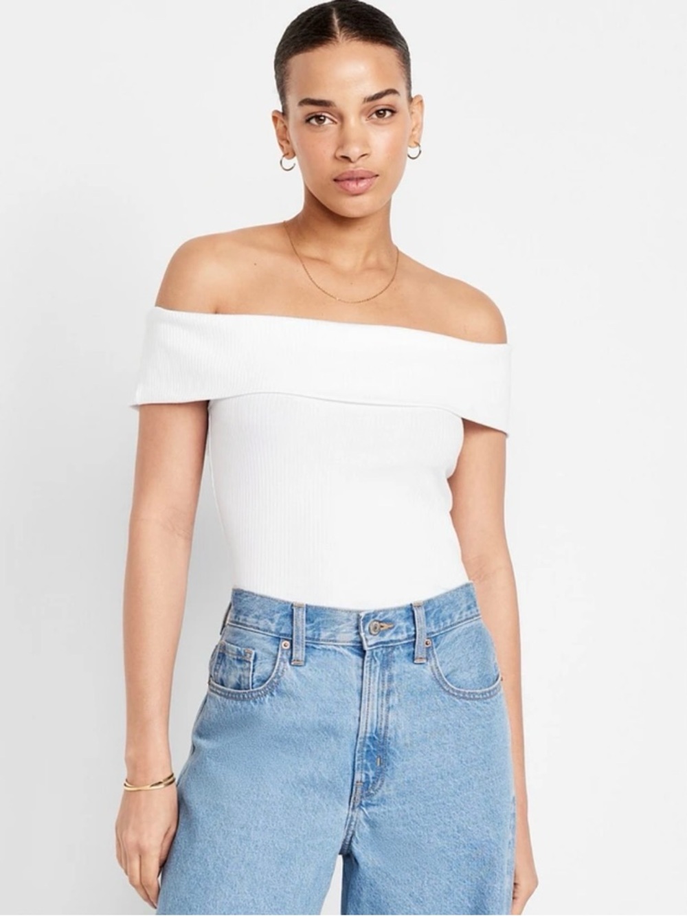 Off-Shoulder Ribbed White Shirt